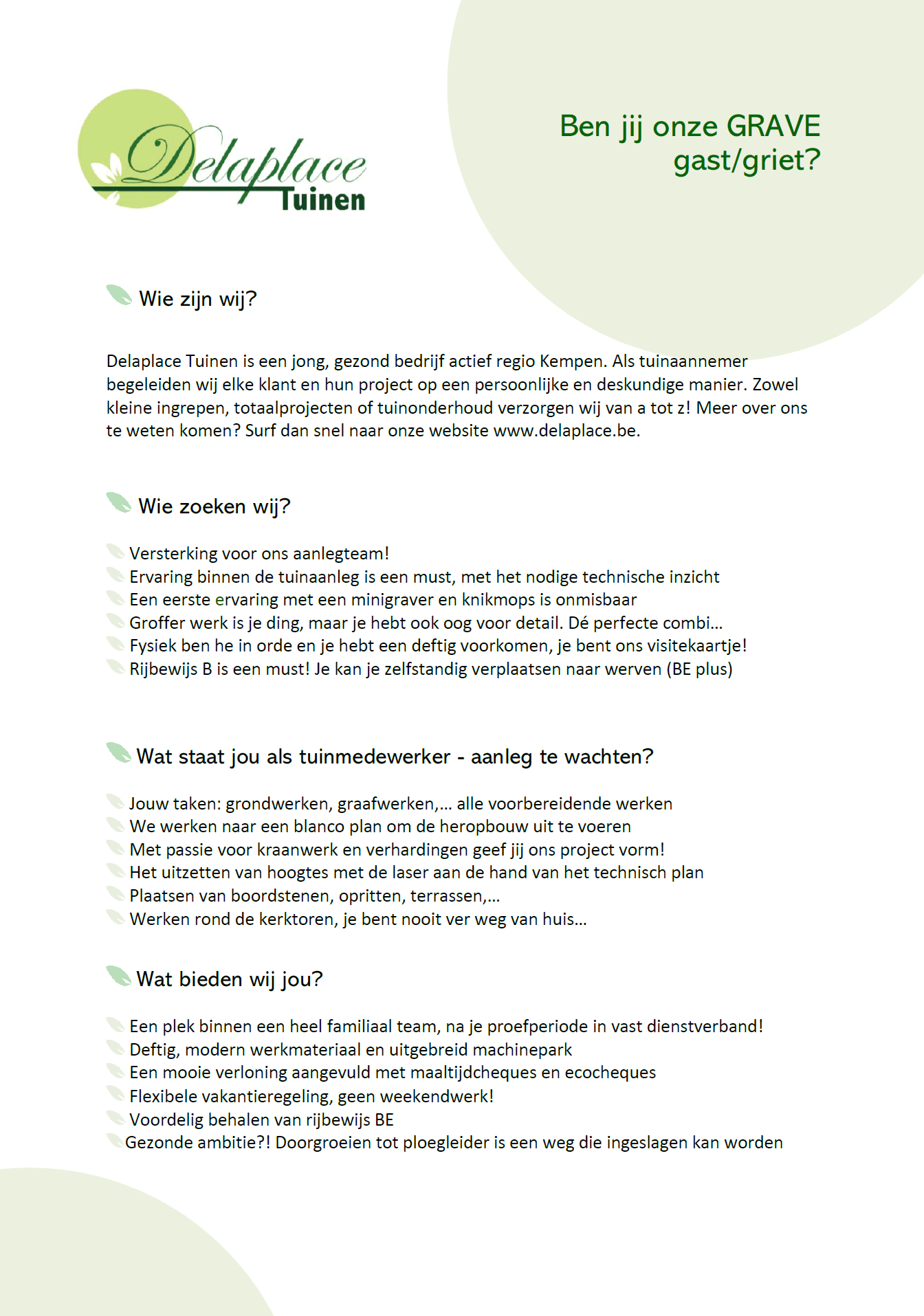 Vacature Delaplace tuinen Beerse