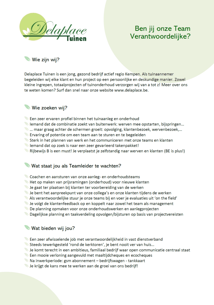 Vacature Delaplace tuinen Beerse